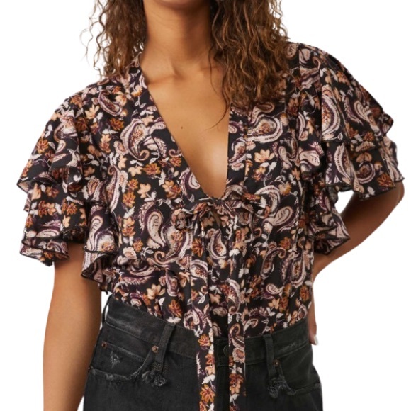 Free People Call Me Later Print Tie Neck Bodysuit. Small NWT - Picture 2 of 6
